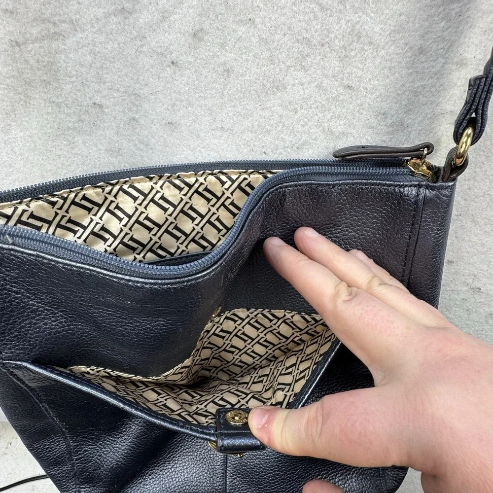 Tignanello Shiny‎ Irridescent Blue Grey Pebbled Leather Messenger Bag Zip Top